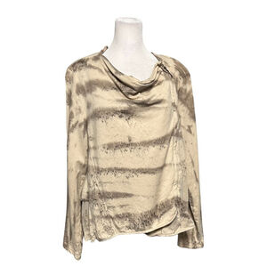 XCVI Beige Print Drape Neck Asymmetrical Zip Top Size Large